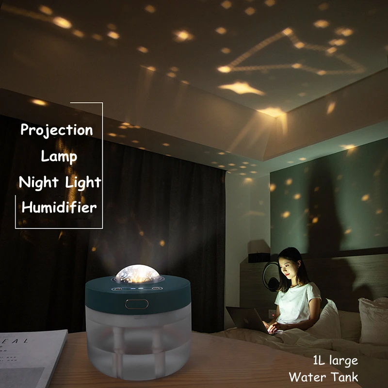 1L Wireless Ultrasonic Air Humidifier Double Nozzle Cool Mist Maker Fogger with LED Projection Lamp Home Projector Humidificador | Бытовая