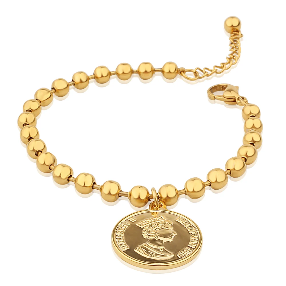 Gold FINE4U B194 золотой цвет королева елизания II монета Шарм браслет регулируемый браслет из нержавеющей стали бусины для мужчин и женщин - Окраска металла: Gold