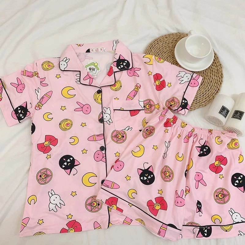 Pijama Kawaii de algodón con cuello vuelto para mujer, traje de manga corta, pijama de verano para mujer, ropa de dormir de dibujos animados