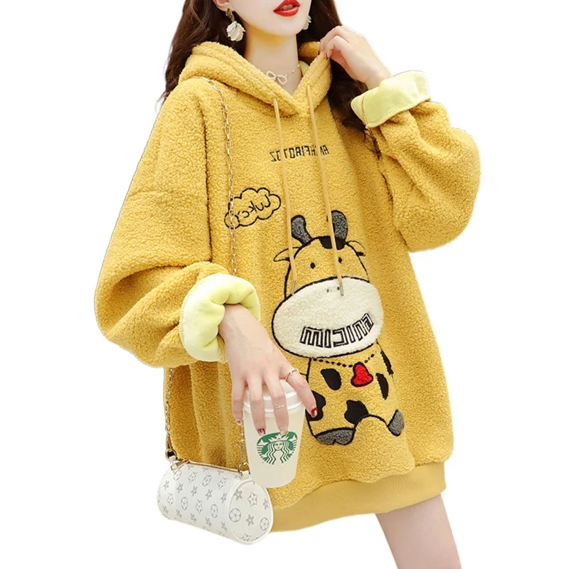 

Winter BA Lamb Hoodies Sweatshirts Womens Kawaii Thick Loose Large Size Harajuku Streetwear Woman Hoodie Pullover Embroidery