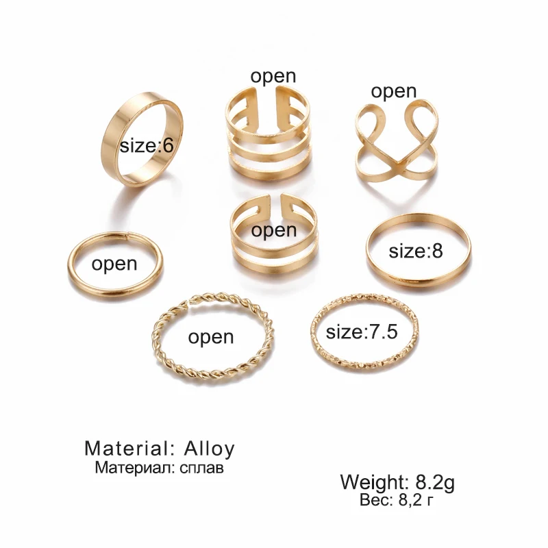 

Design Gold Color Round Hollow Geometric Rings Set For Women Fashion Cross Twist Open Ring Joint Ring Female Jewelry