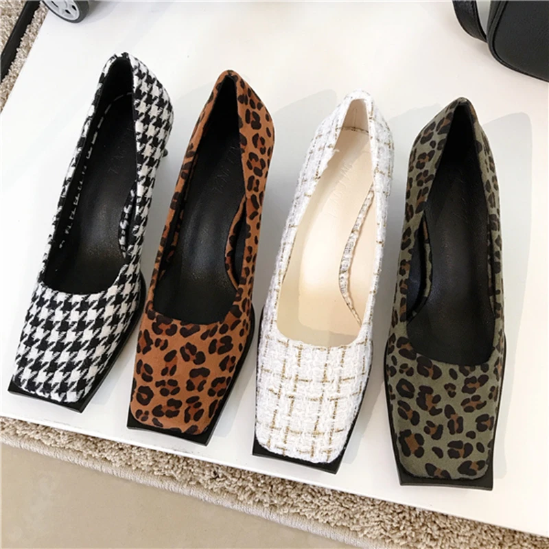 

New Fashion Square Toe Women Office Pumps Shoes Thin High Heel Ladies Dress Party Designer Shoes Shallow Leopard Female Pumps
