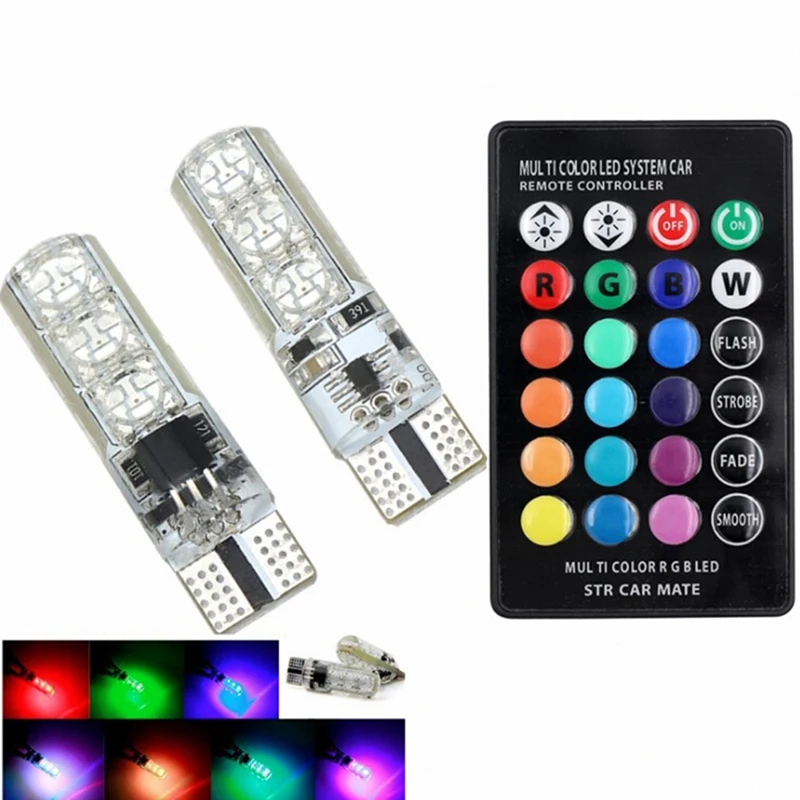 

Автомобильные светодиодные лампы RGB T10, 2 шт./Лот, 12 В, светодиодные лампы RGB T10/192/W5W с пультом дистанционного управления, лампы для чтения с кли...