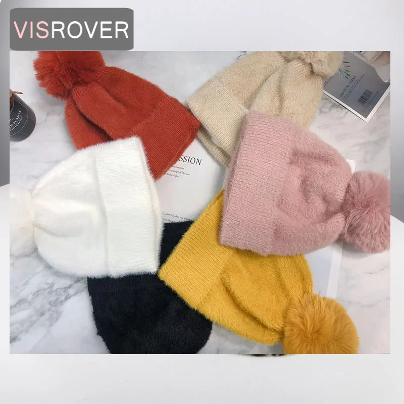 VISROVER 7 colorsways акриловая зимняя Женская шляпка зимние Шапки с меховым помпоном для