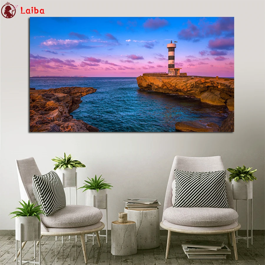 

3d round square diamond embroidery Natural scenery, sunset seaside lighthouse Diy full diamond painting stitch cross mosaic