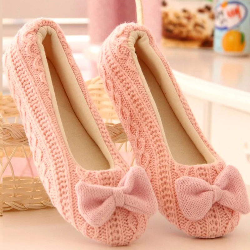 Женские туфли с бантом в Корейском стиле Нескользящие шерстяные теплые удобные