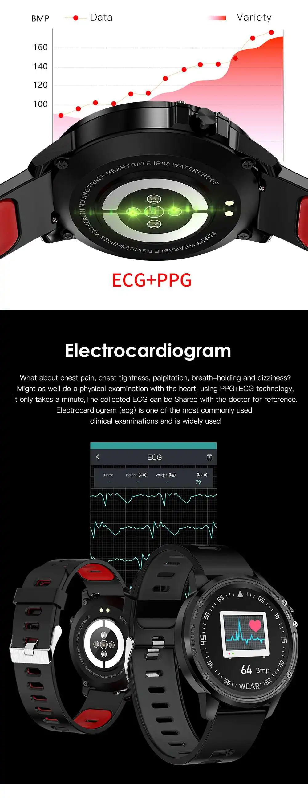 Bakeey L8 ECG+ PPG монитор кровяного давления O2 Смарт-часы погода толчок bluetooth Музыка Смарт Спорт носимые устройства