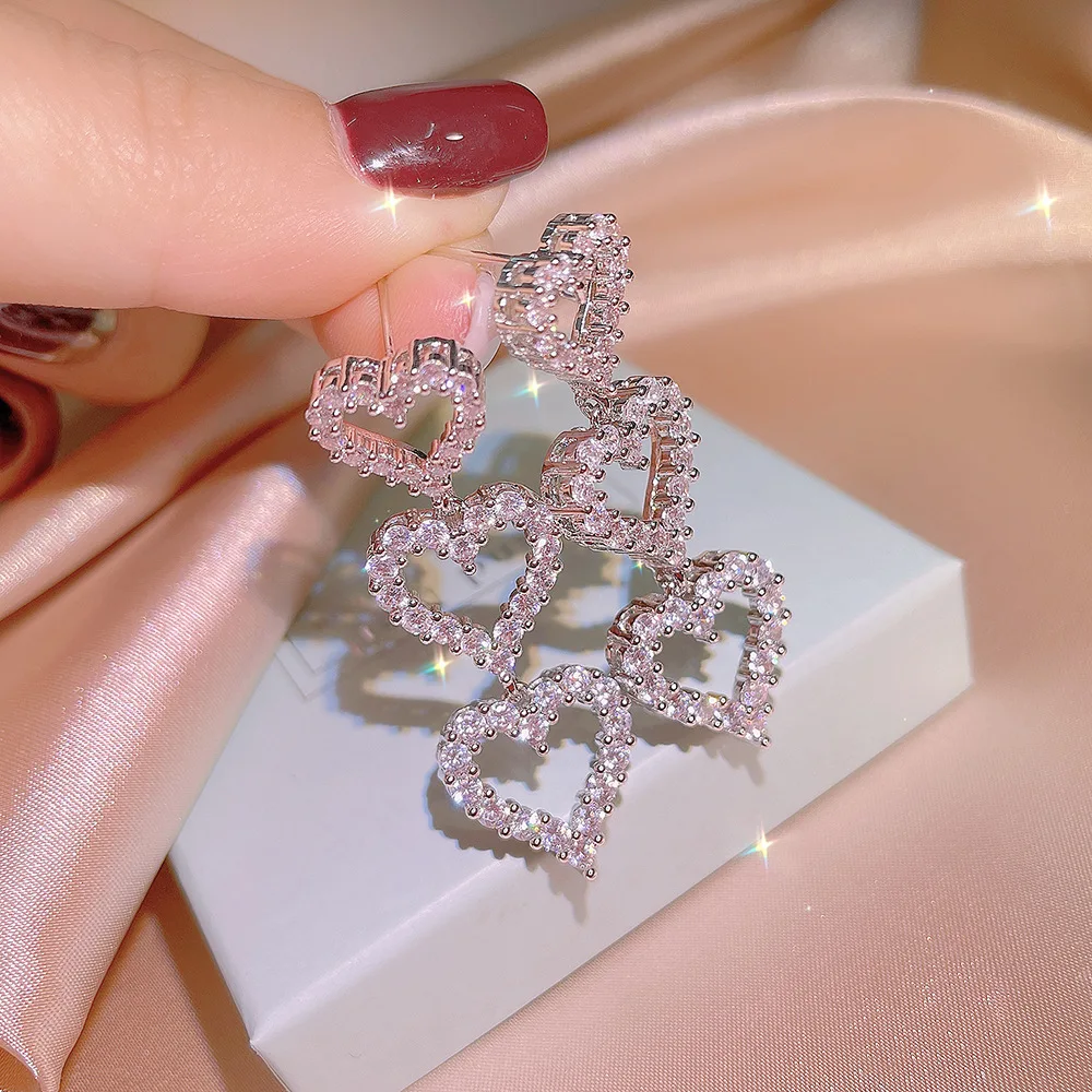 

Brand New Brilliant AAAAA Zircon Pure 925 Silver Long Earrings Dangler Romantic Heart Shape Drop Earring Valentine's Day Gift