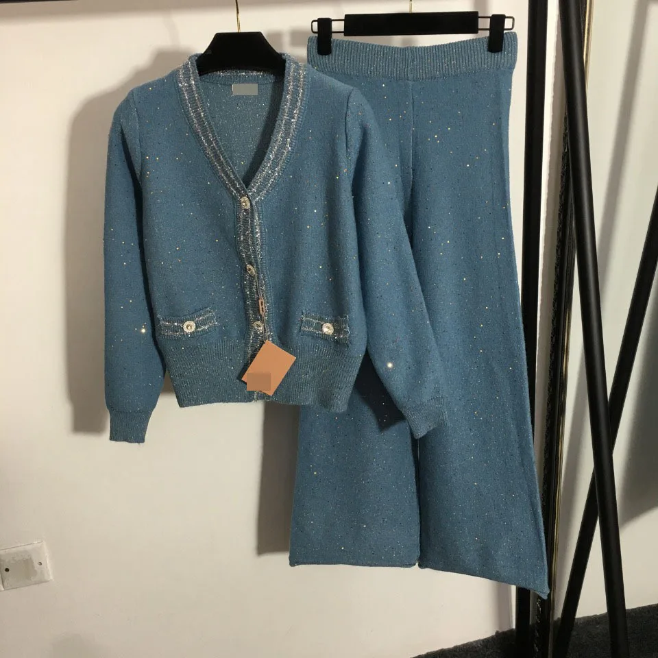 

2021 New Knitted Suit Silver Bright Silk Single Breasted Long Sleeved Knitted Cardigan + High Waist and Wide Leg Pants Set