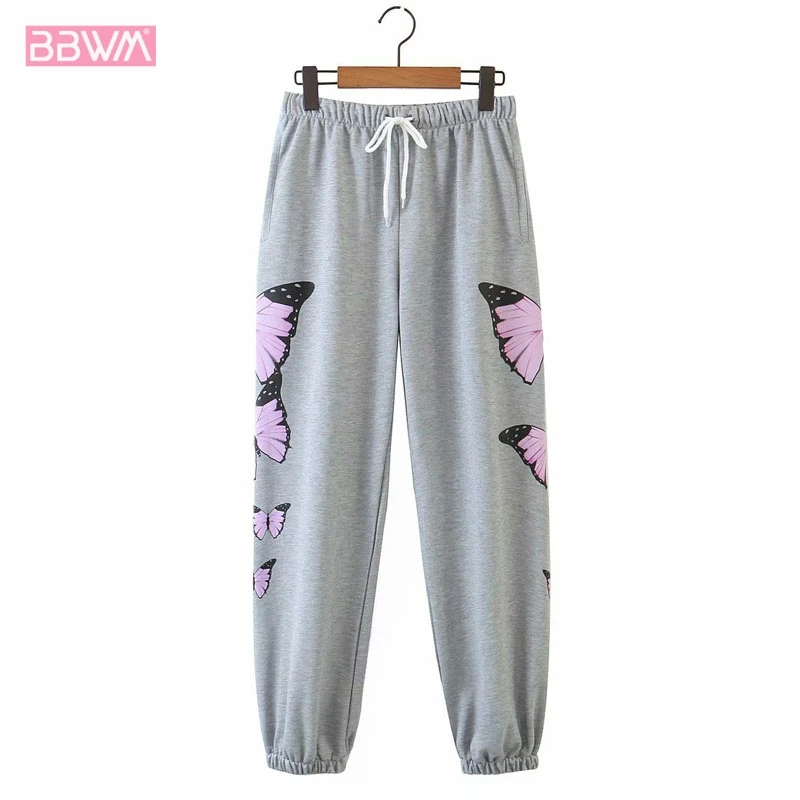 

Elastic Waist Leisure Butterfly Print Loose Sport Running Chic Women's Pants Drawstring Fashionable Wild Female Pants