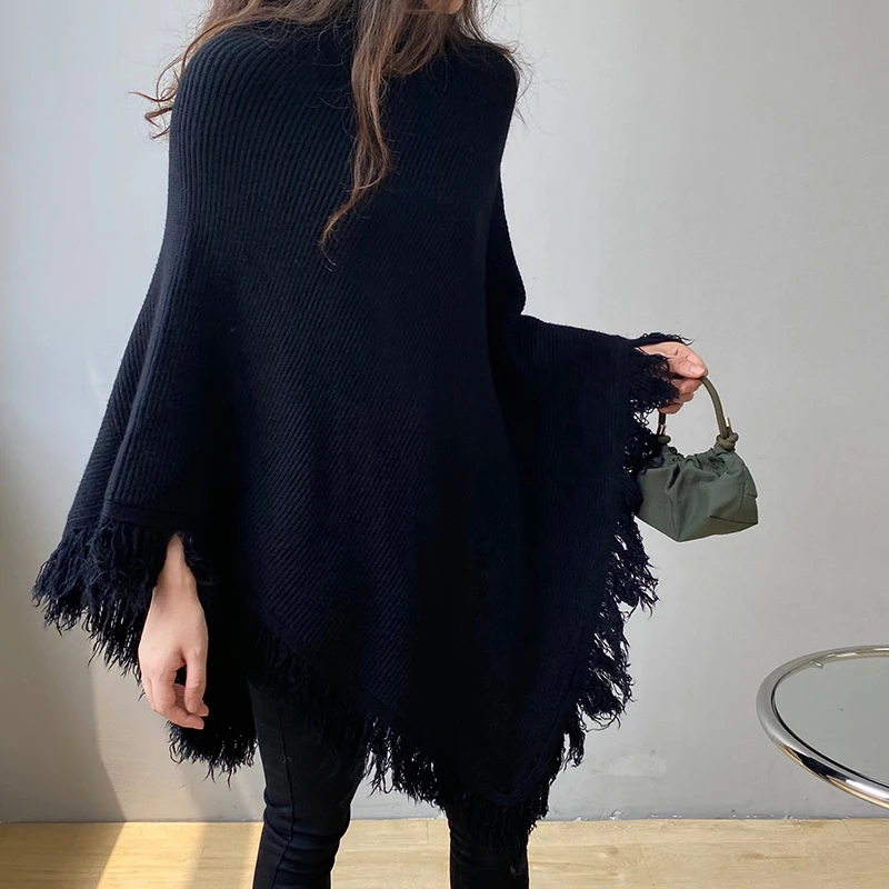 LANMREM 2021 Autumn Winter New Women Pullover Sweater High Neck Solid Color Tassel Shawl Female Fashion 2W045 |