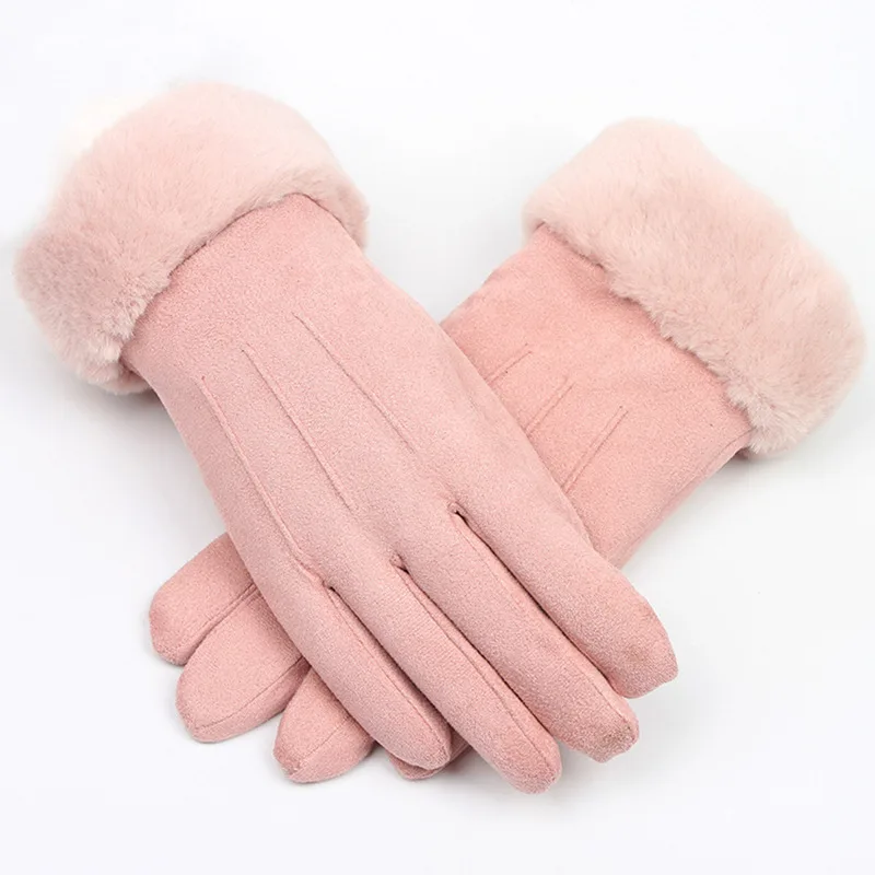 Pink I Теплые зимние женские замшевые кожаные перчатки для экрана, двойные толстые плюшевые рукавицы на запястье, элегантные женские перчатки с тремя ребрами и бантом для вождения - Цвет: Pink I