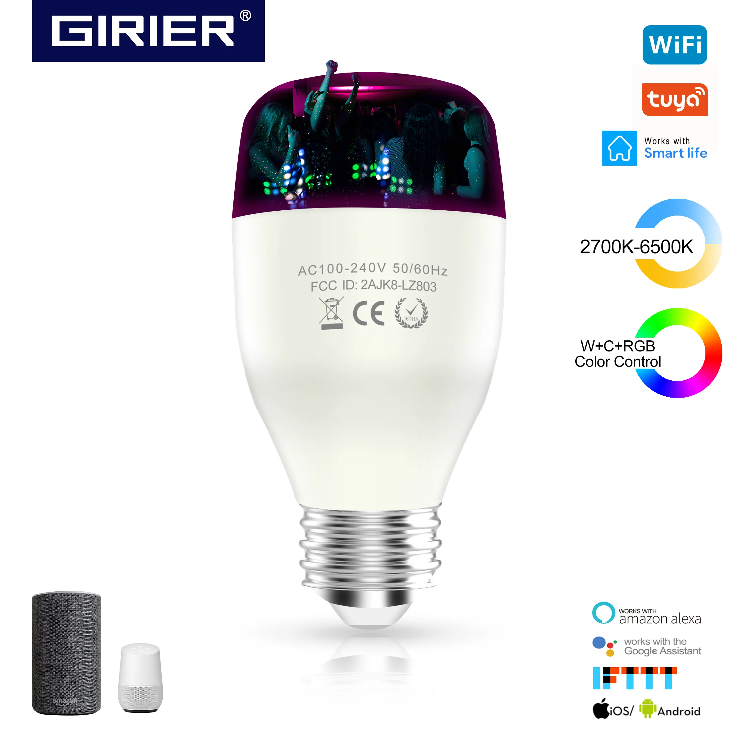 

Умная Светодиодная лампа E27 с поддержкой Wi-Fi, 9 Вт, RGB-подсветка с регулируемой яркостью, совместима с приложением Alexa Google Home Assistant Smart Life, конце...