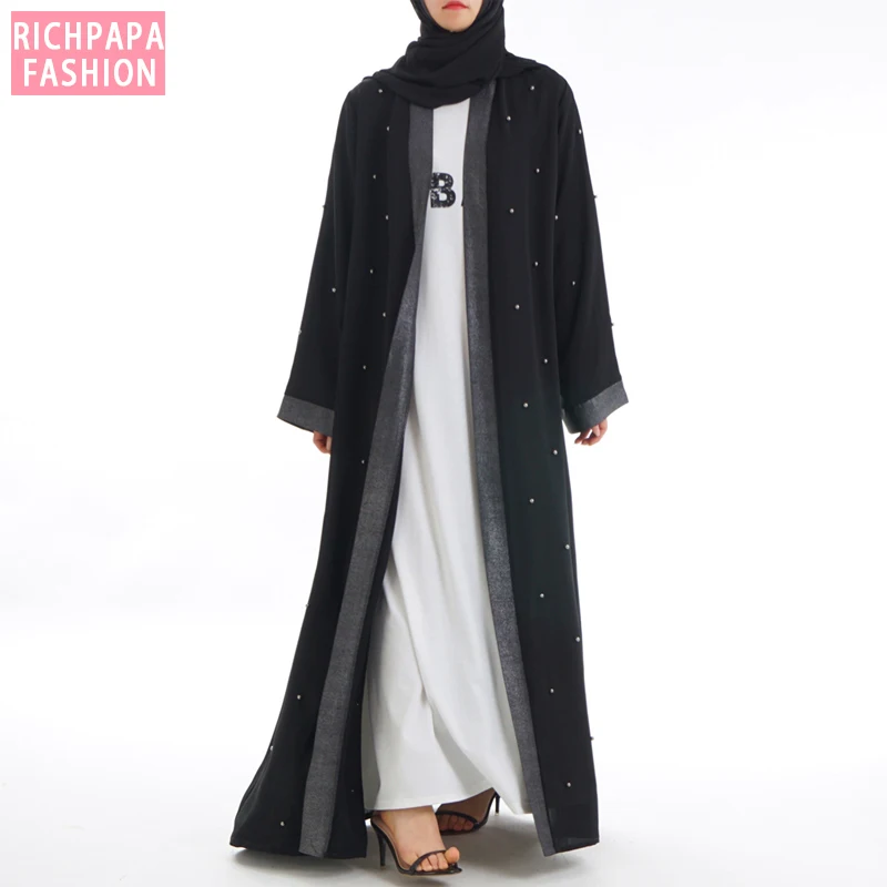 Черная открытая мусульманская абайя платье Дубай турецкое женское кафтан кимоно