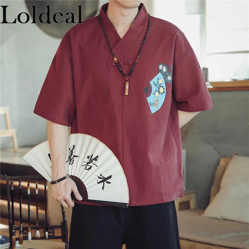 

Loldeal Chinese Style Short-sleeved T-shirt Men Slim Cotton and Linen Retro Printed Casual V-neck
