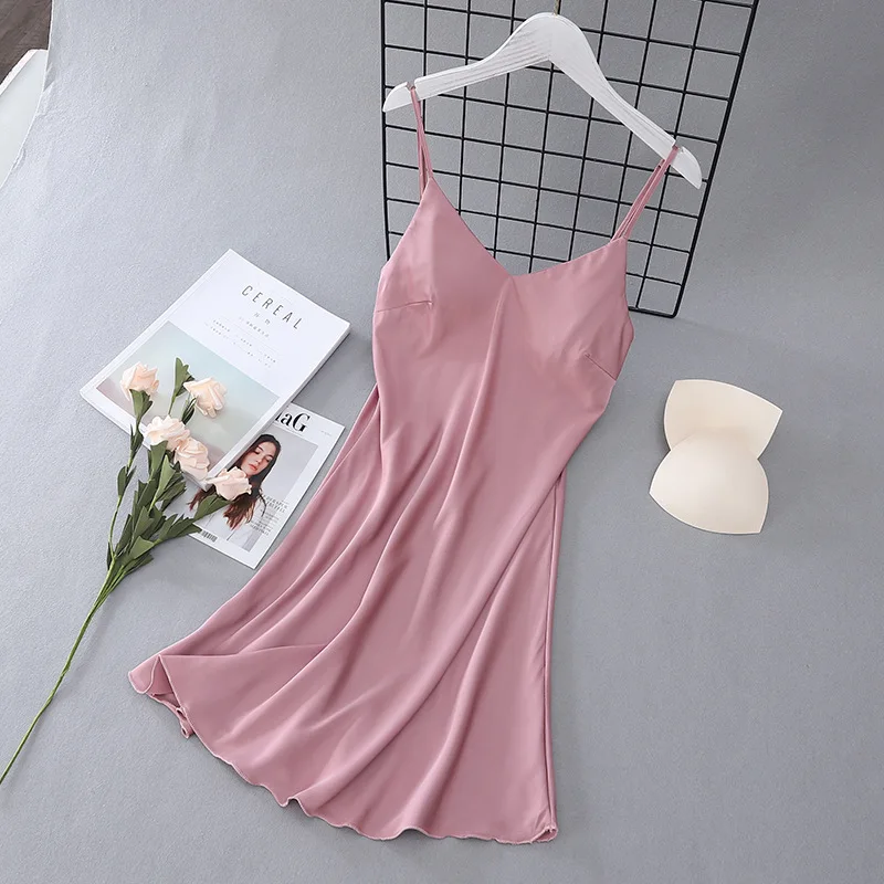 

Solid Women Sleepshirts Sexy Satin Nightgown Strap Nighty Summer V-neck Nightdress Intimate Lingerie Bathrobe Pyjamas Loungewear