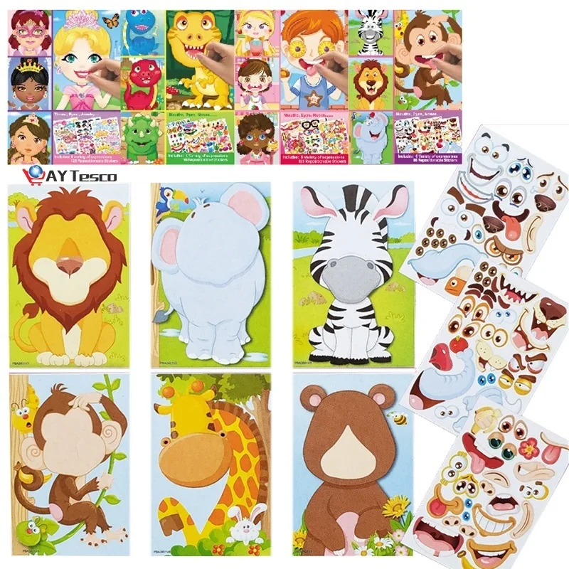 

Kids DIY Stickers Puzzle Games Make-a-Face Princess Animal Dinosaur Assemble Jigsaw Children Recognition Training Education Toy