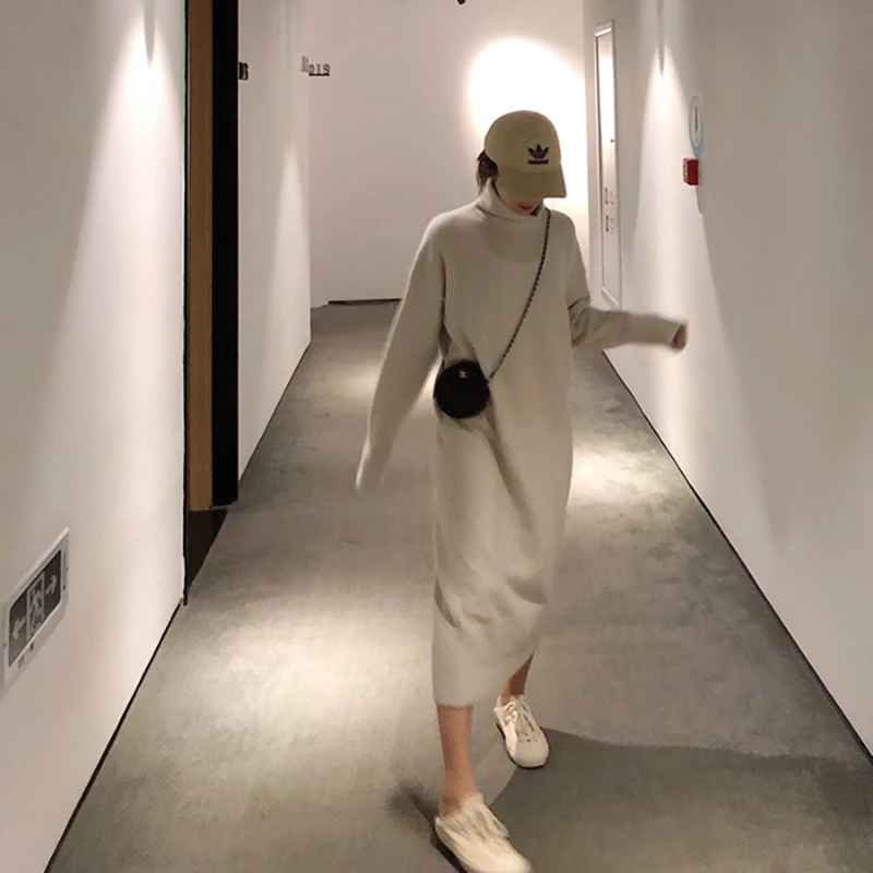 Turtleneck Cashmere Knitted Sweater Dress Women Autumn Spring Noodles Elastic Long Sleeve thick Pullover Winter Dress