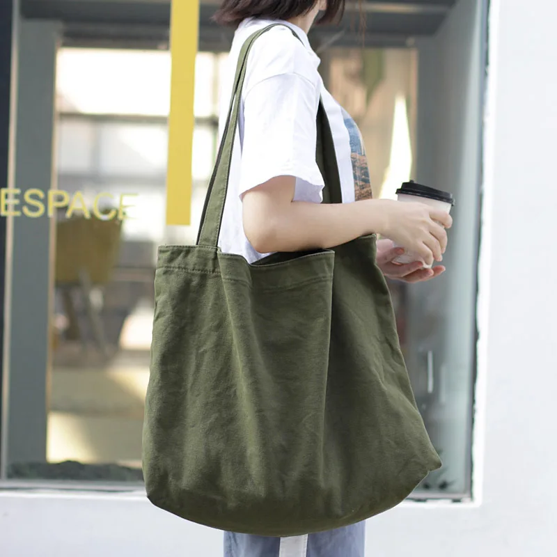 

2021 Simple Large Capacity Canvas Bag Internet Celebrity Lightweight Solid Color Shoulder Bag Casual Retro Shopping Bag Handbag
