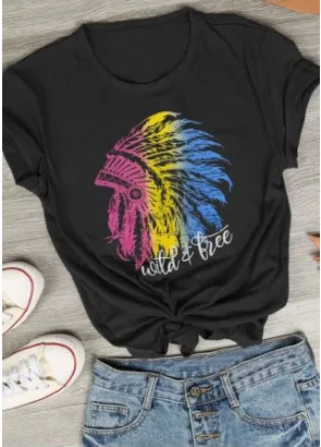 

2019 new Bohemian style headdress printed round neck short sleeve women's T-shirt