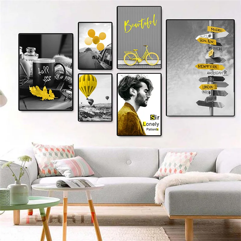 

Nordic Black White Tree leaf balloon Photograph Landscape Picture Canvas Painting Wall Art Yellow Adorn Home Decor