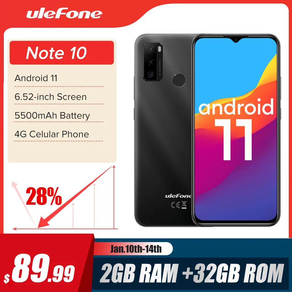 Ulefone Note 10(2021 новый) Android 11 смартфон 6 52 &quot2 ГБ + 32 Octa Core 4G мобильный телефон 5500 мАч с