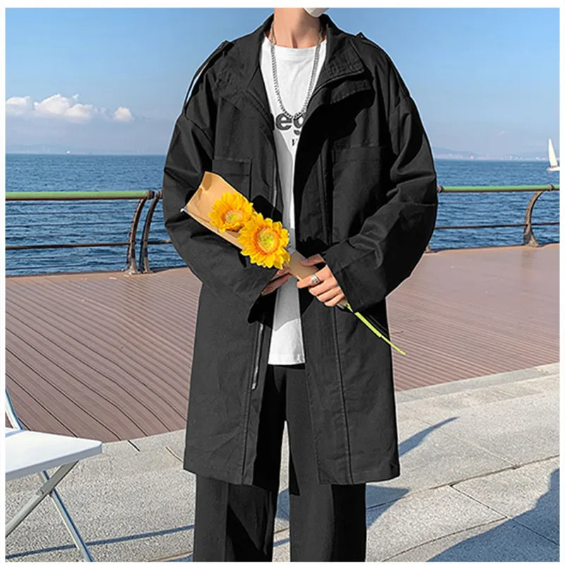 

Windbreaker 2021 Spring And Autumn New Mid-length Ins Streetwear Solid Black Stylish Loose Trench Coat