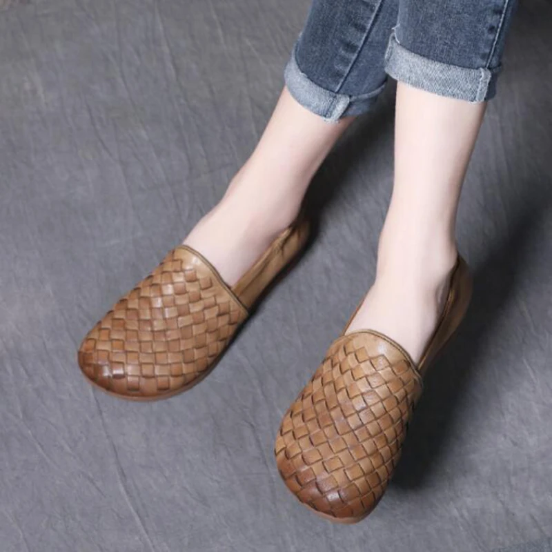 

2021 Genuine Leather Shoes Woman Spring Ladies Shoes Slip On Ballet Flats Sneakers Women Shoes Plus Size Moccains Woven loafers