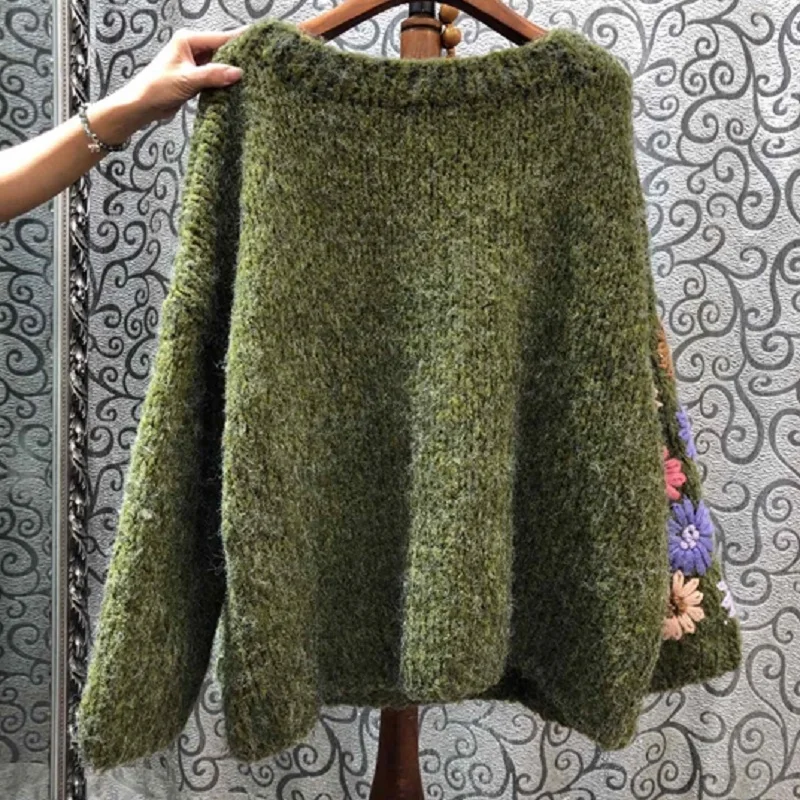 Женский трикотажный свитер зеленый Повседневный Свободный джемпер с цветочной