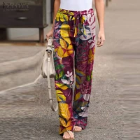 womens wide leg pants zanzea 2021 bohemain printed trousers casual elastic waist long pantalon female floral turnip oversized