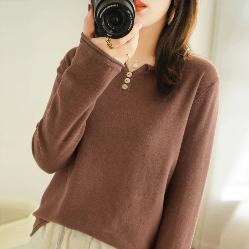 

2021 autumn and winter women's sweater loose casual all-match hooded V-neck button solid color knitted base sweaters