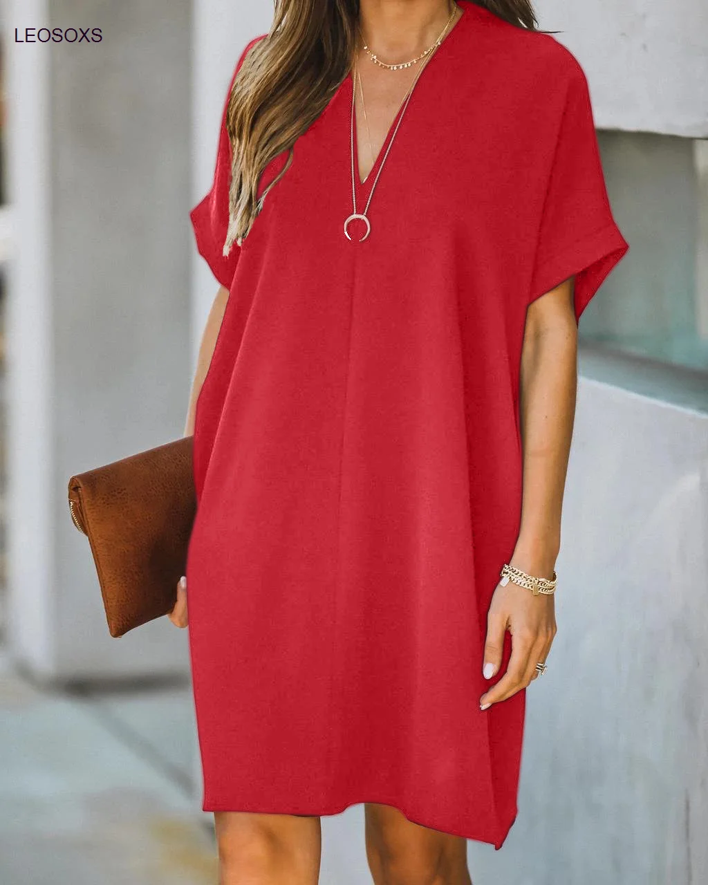 

Sukienka Fashion 2021 Women's V-neck Short Sleeve Solid Casual Loose Plus Size Elegant Commute Dress