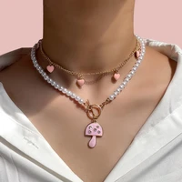romantic pink mushroom heart white pearl beaded necklace for women enamel pendant choker ot clasp necklace set party jewelry new