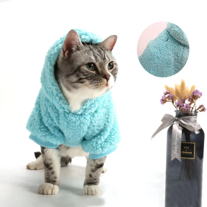 

New Pet Autumn/winter Hooded Sweater Cotton Fleece Solid Color Cotton Small and Medium-sized Dog Cat Sweater Cat Clothes