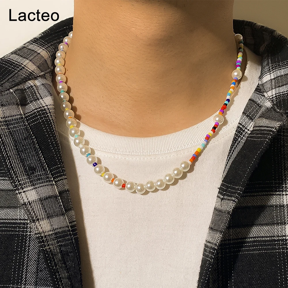 

Lacteo Bohemian Rainbow Seed Acrylic Bead Chain Choker Necklace Jewelry Classic Imitation Pearl Clavicle Chain For Women Men Gif