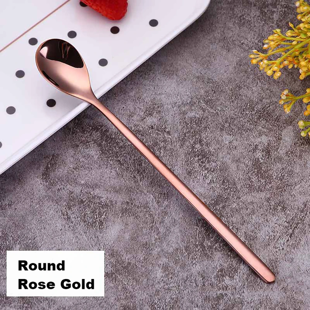 Round Rose Gold 304 Нержавеющая сталь Кофе ложка творческий покрытие льда ложка c длинной ручкой Чай ложки Кухня инструменты горячего питья столовые красочные - Цвет: Round Rose Gold