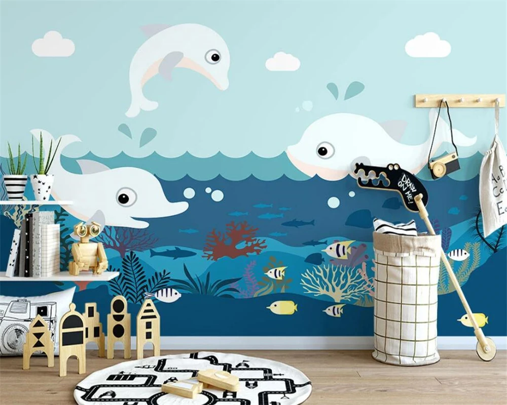 

beibehang Customize new nordic hand-painted modern dolphin boy girl background papel de parede wallpaper papier peint