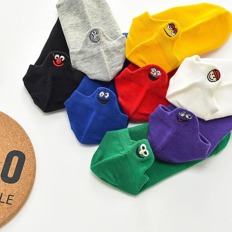 Kawaii Embroidered Expression Women Cartoon Socks Happy Ankle Funny Harajuku Cute Cotton Short Sox Girl Sokken | Женская одежда