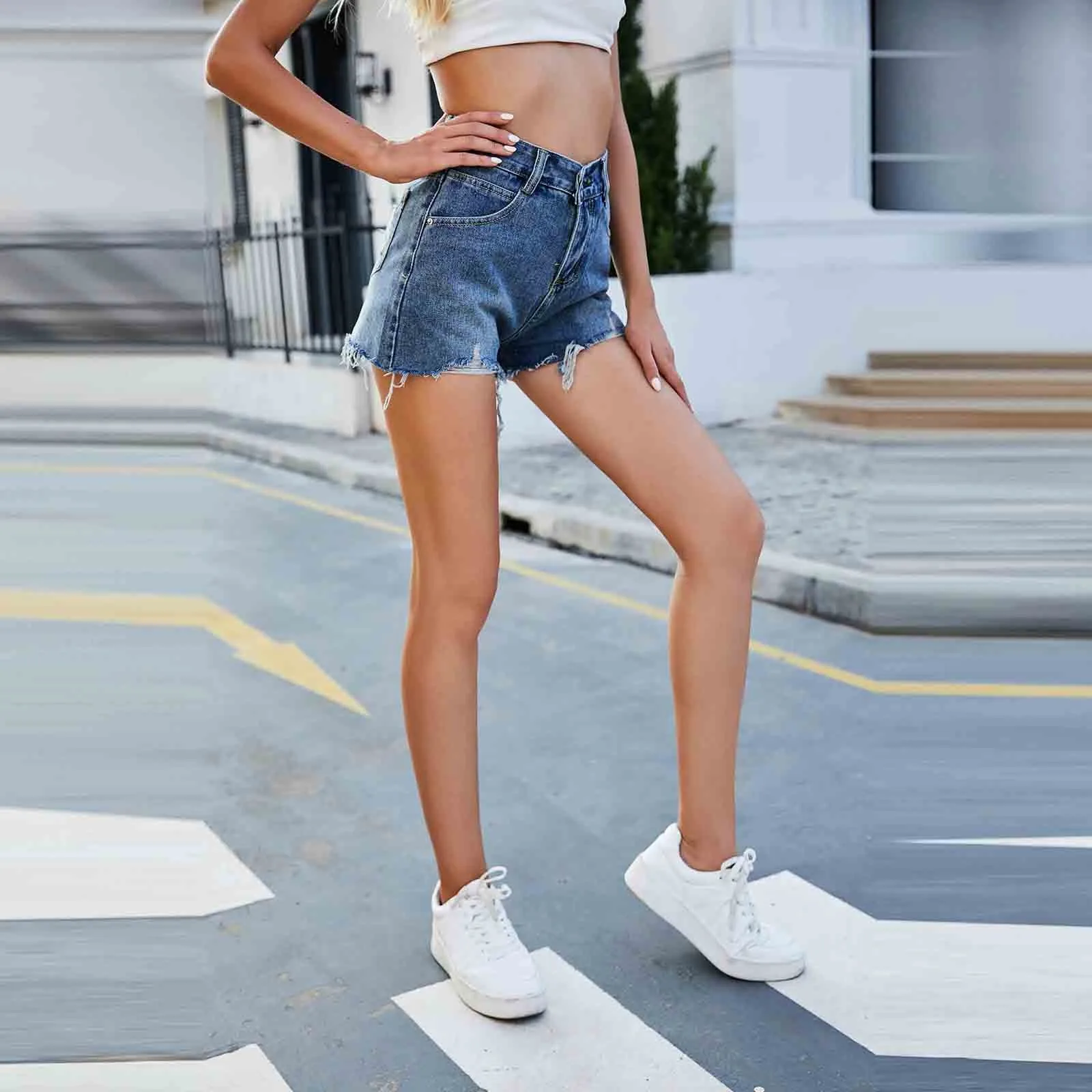 

Women Shorts Lady Zipper Hight Waist Loose Straight Leg Full Knee Length Pants Jeans