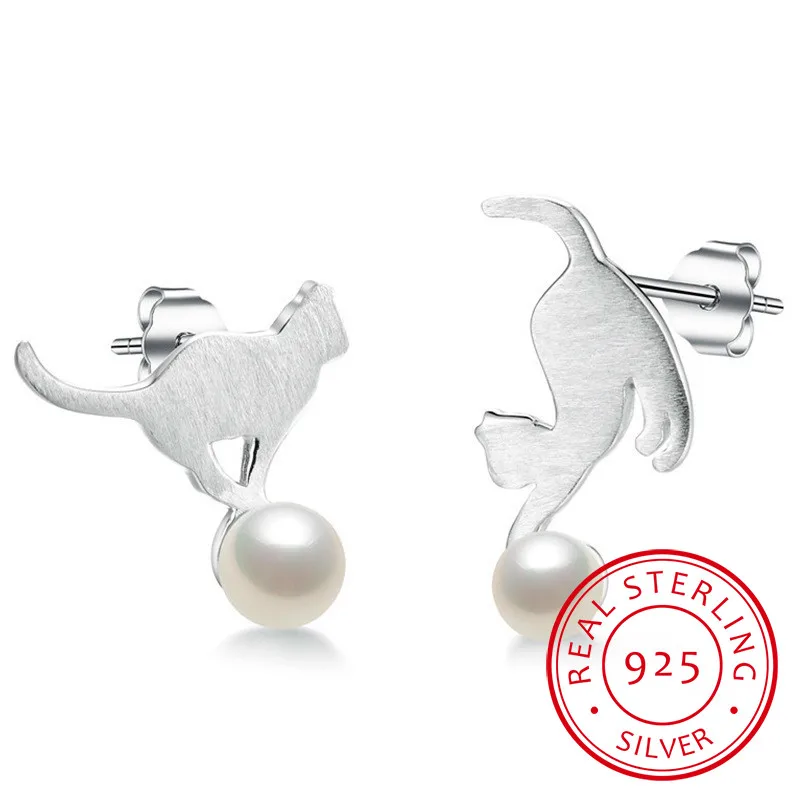 

100% 925 Sterling Silver & Freshwater Pearls Cute Cat Stud Earrings for Women Luxury Sterling Silver Jewelry Gift CQE235