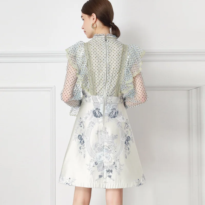 

2021 spring and summer new women's dress with ruffles, heavy industry Beaded mesh stitching and printing long sleeve dress and
