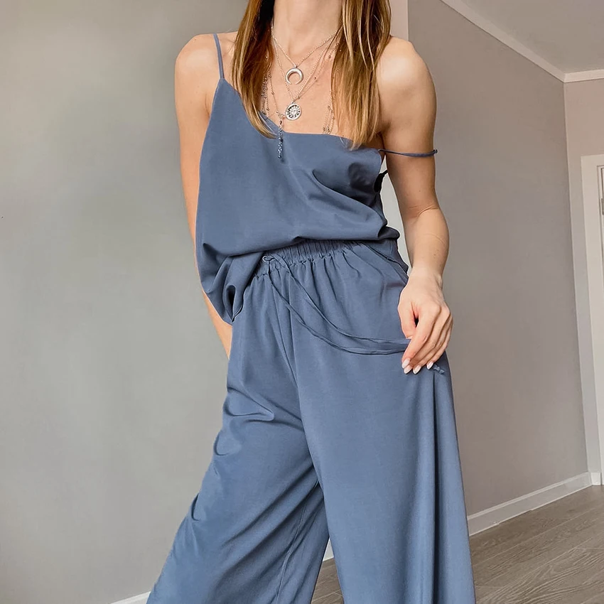 

Restve Blue Pajamas Female 3 Piece Set Loose Long Sleeve Robes Sexy V Neck Sleeveless Tops Women Sets With Pants Autumn Casual