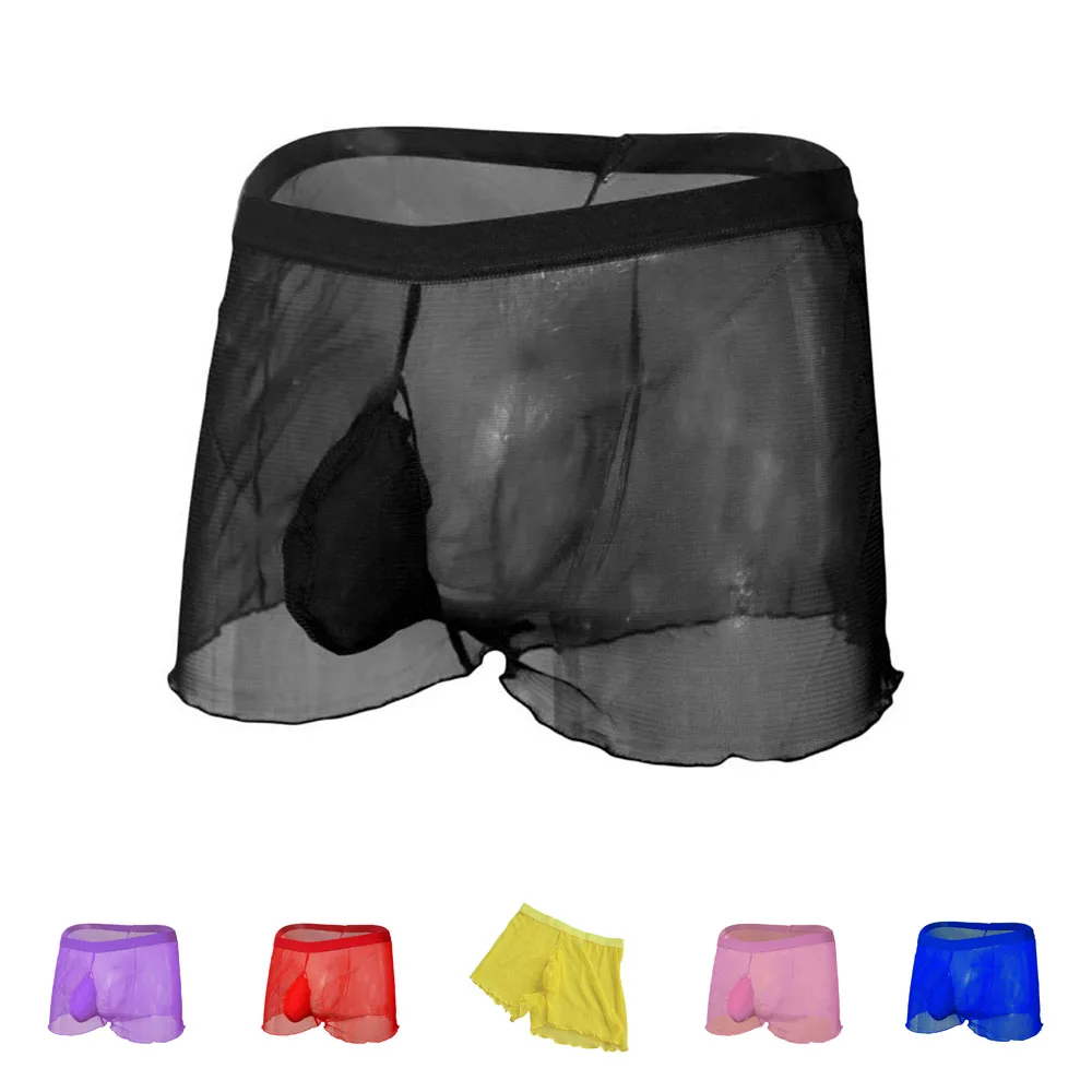 Прозрачные мужские пикантные трусы боксеры свободные газовые кружевные шорты
