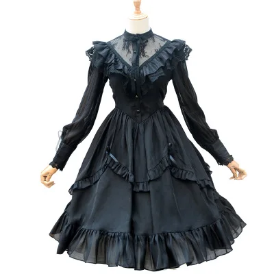 

New Arrival Women Gothic Vintage Lace Ruffle Lolita Long Sleeve Black/White Chiffon Dress Female Retro large pendulum dresses