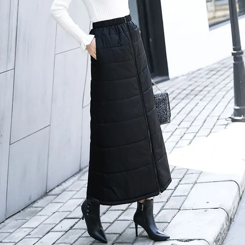 

Womens Winter Warm Flectit Black Quilted Skirt Female Front Zip Up Pocket Long Thick Skirt Ladies Fashion Skirt Plus Size P07