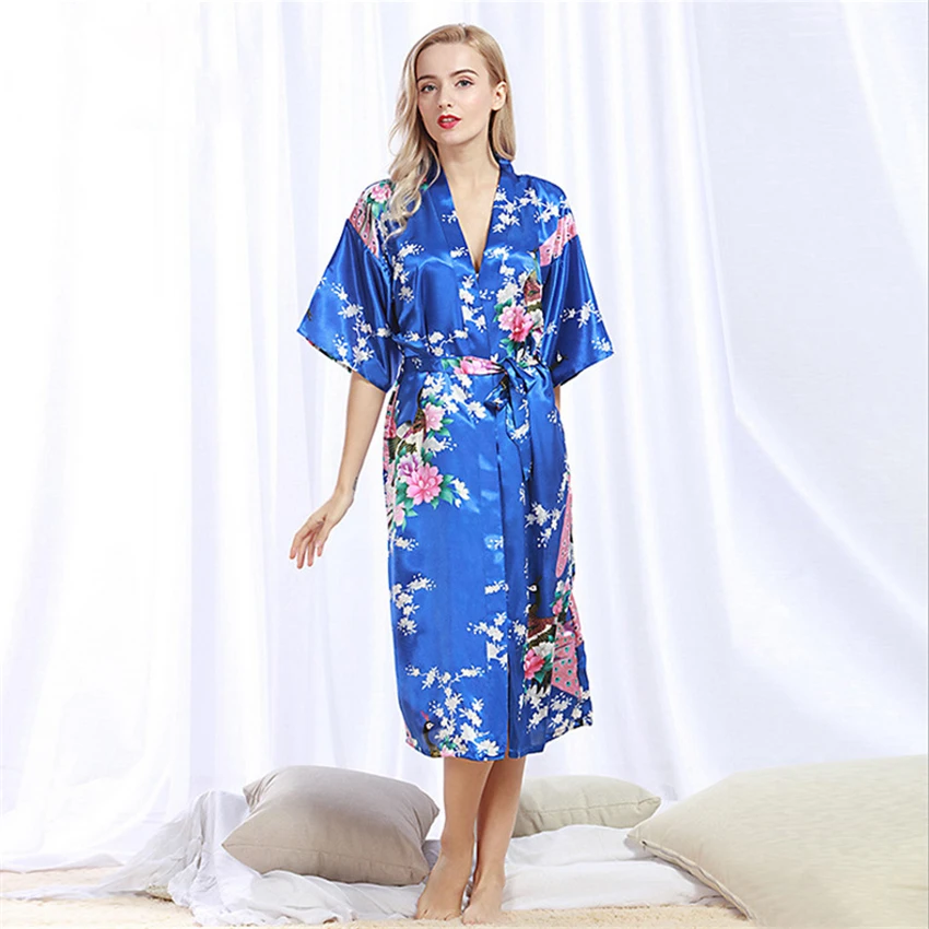 Kimono Japanese Style Women Yukata Peacock Cardigan Floral Print Costume Satin Pajamas Dress Asian Clothes Night Gown Bath Robe
