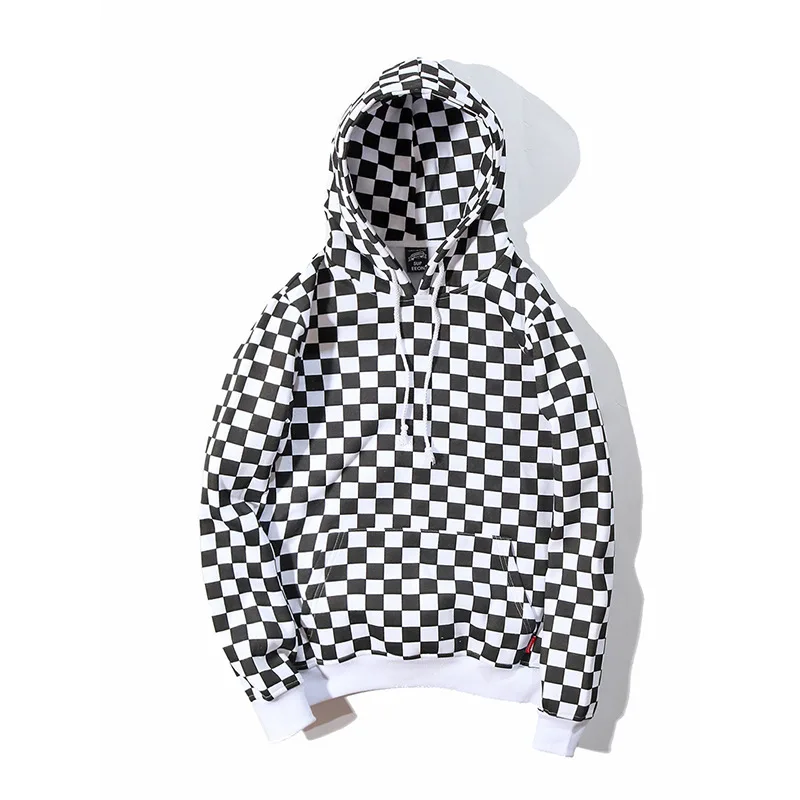 

2021 Hip Hop Kpop Black White Plaid Men Pullover Hoodie Sweatshirt Checkerboard Streetwear Couple Oversize Fleece Hooded Hipster