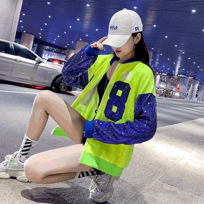 

Women Casual Loose Number Sequins Short Jacket Street Wear Bling Bling Thin Cardigan Hit Color Patchwork Full Sleeve Casual Coat