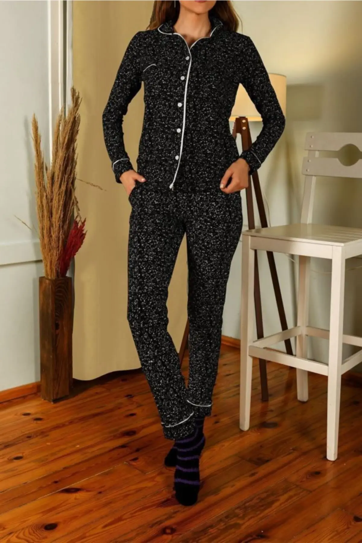 Black Women 'S Pajamas set Long Sleeve Buttoned Pockets 95 COTTON + 5 LYCRA Stylish Design Welcome Quality Useful trend 2021 Fashion Style