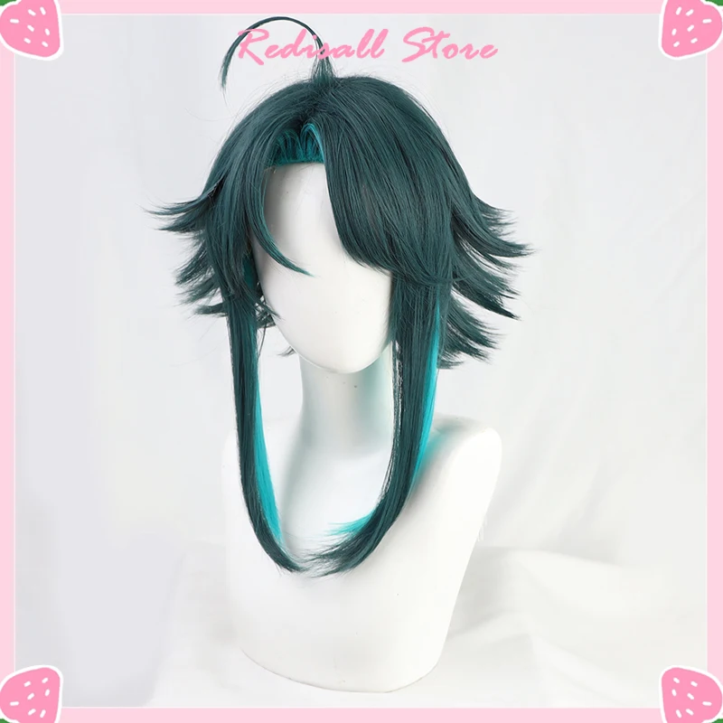 Genshin Impact Xiao Wig Cosplay Dark Green Synthetic Short Straight Heat Resistant Hair Adult Women Free Wig Cap Random Stickers
